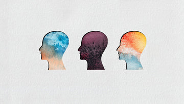 Three watercolor illustrated human head silhouettes with colorful brain imagery, representing different thought patterns in new motherhood